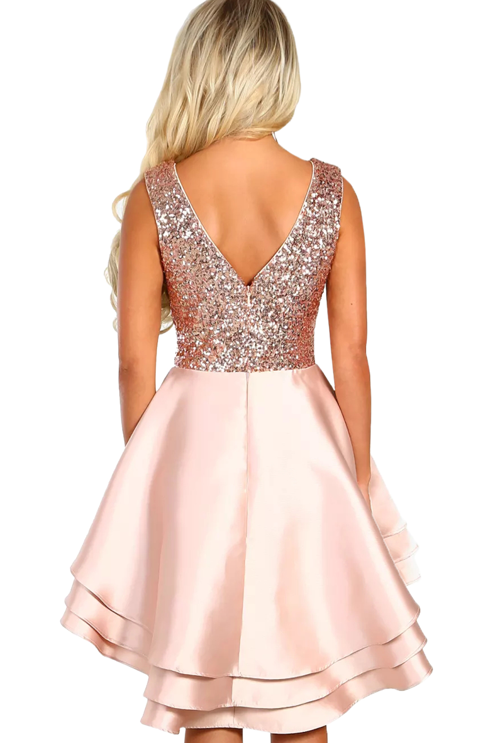 BY220591-10 HEART BROKEN PINK GOLD SEQUIN MULTI LAYER SKATER DRESS